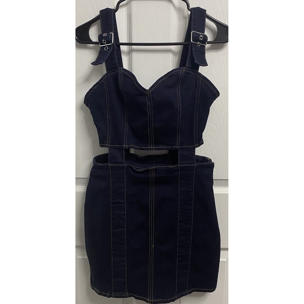 True Religion Women Blue Denim Mini Dress Cut-Out Adj. Strap Pockets Sexy M-EUC